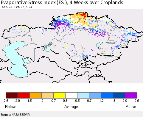 Kazakhstan Evaporative Stress Index (ESI), 4-Weeks over Croplands Thematic Map For 10/16/2023 - 10/22/2023