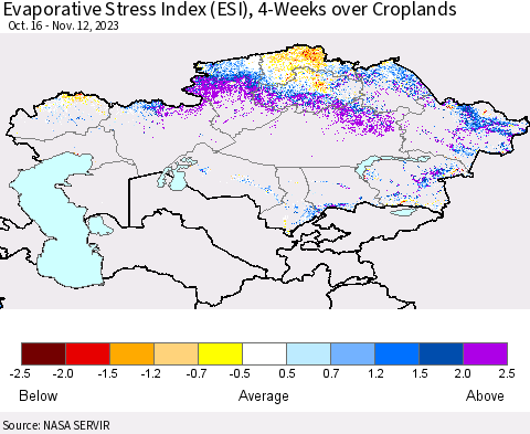 Kazakhstan Evaporative Stress Index (ESI), 4-Weeks over Croplands Thematic Map For 11/6/2023 - 11/12/2023