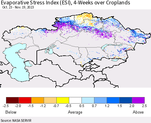 Kazakhstan Evaporative Stress Index (ESI), 4-Weeks over Croplands Thematic Map For 11/13/2023 - 11/19/2023