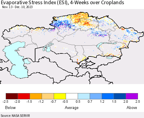 Kazakhstan Evaporative Stress Index (ESI), 4-Weeks over Croplands Thematic Map For 12/4/2023 - 12/10/2023