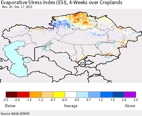 Kazakhstan Evaporative Stress Index (ESI), 4-Weeks over Croplands Thematic Map For 12/11/2023 - 12/17/2023