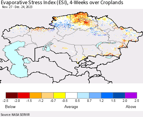 Kazakhstan Evaporative Stress Index (ESI), 4-Weeks over Croplands Thematic Map For 12/18/2023 - 12/24/2023