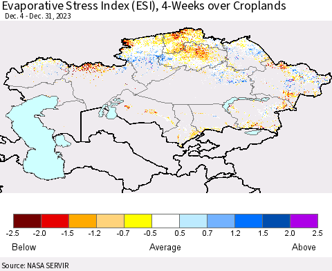 Kazakhstan Evaporative Stress Index (ESI), 4-Weeks over Croplands Thematic Map For 12/25/2023 - 12/31/2023