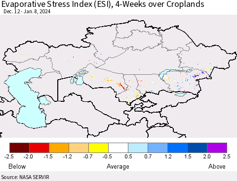Kazakhstan Evaporative Stress Index (ESI), 4-Weeks over Croplands Thematic Map For 1/8/2024 - 1/14/2024