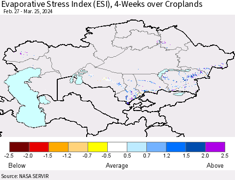 Kazakhstan Evaporative Stress Index (ESI), 4-Weeks over Croplands Thematic Map For 3/25/2024 - 3/31/2024