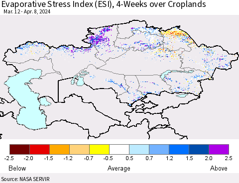 Kazakhstan Evaporative Stress Index (ESI), 4-Weeks over Croplands Thematic Map For 4/8/2024 - 4/14/2024
