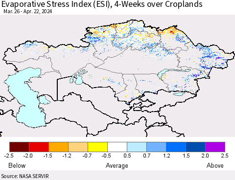 Kazakhstan Evaporative Stress Index (ESI), 4-Weeks over Croplands Thematic Map For 4/22/2024 - 4/28/2024