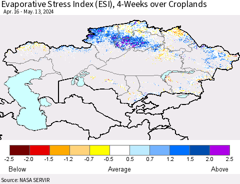 Kazakhstan Evaporative Stress Index (ESI), 4-Weeks over Croplands Thematic Map For 5/13/2024 - 5/19/2024