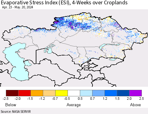 Kazakhstan Evaporative Stress Index (ESI), 4-Weeks over Croplands Thematic Map For 5/20/2024 - 5/26/2024