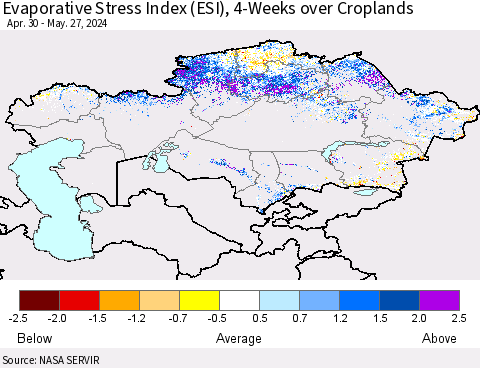Kazakhstan Evaporative Stress Index (ESI), 4-Weeks over Croplands Thematic Map For 5/27/2024 - 6/2/2024