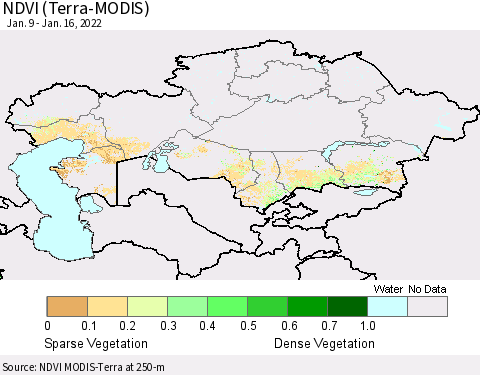 Kazakhstan NDVI (Terra-MODIS) Thematic Map For 1/9/2022 - 1/16/2022