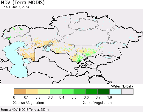 Kazakhstan NDVI (Terra-MODIS) Thematic Map For 1/1/2023 - 1/8/2023