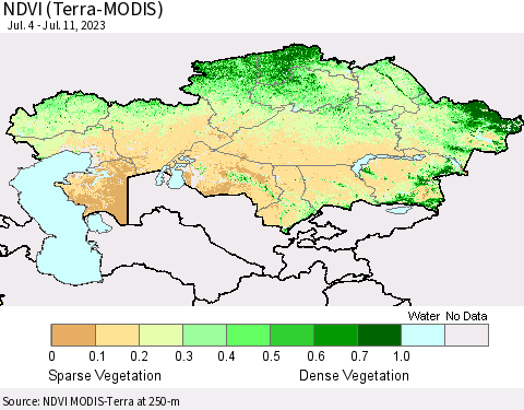 Kazakhstan NDVI (Terra-MODIS) Thematic Map For 7/4/2023 - 7/11/2023