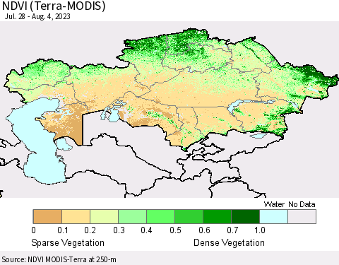 Kazakhstan NDVI (Terra-MODIS) Thematic Map For 7/28/2023 - 8/4/2023