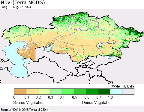 Kazakhstan NDVI (Terra-MODIS) Thematic Map For 8/5/2023 - 8/12/2023