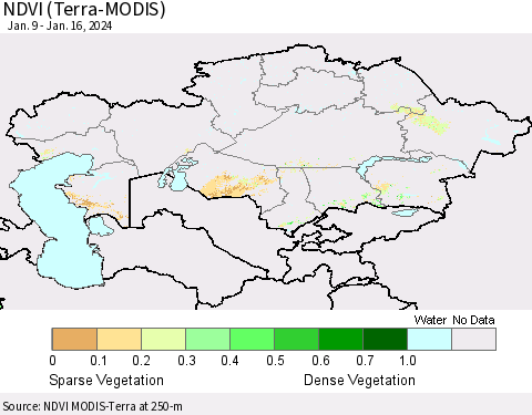 Kazakhstan NDVI (Terra-MODIS) Thematic Map For 1/9/2024 - 1/16/2024