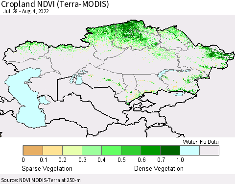 Kazakhstan Cropland NDVI (Terra-MODIS) Thematic Map For 7/28/2022 - 8/4/2022