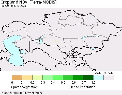 Kazakhstan Cropland NDVI (Terra-MODIS) Thematic Map For 1/9/2023 - 1/16/2023