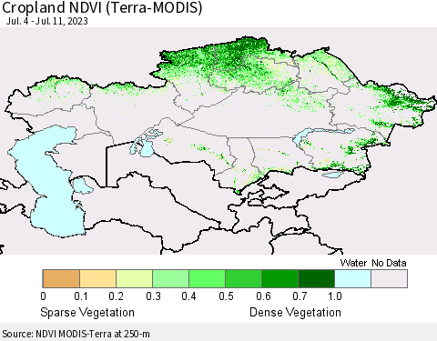 Kazakhstan Cropland NDVI (Terra-MODIS) Thematic Map For 7/4/2023 - 7/11/2023