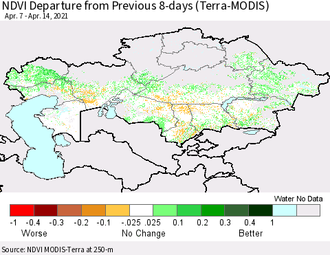 Kazakhstan NDVI Departure from Previous 8-days (Terra-MODIS) Thematic Map For 4/7/2021 - 4/14/2021