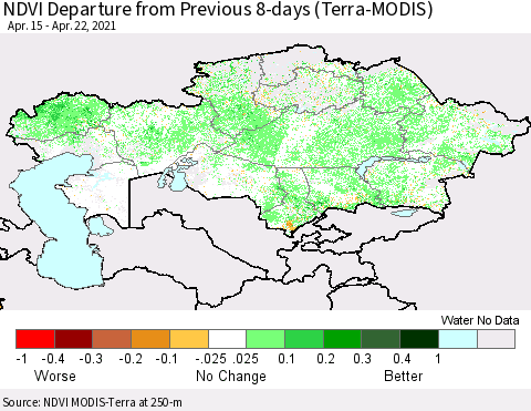 Kazakhstan NDVI Departure from Previous 8-days (Terra-MODIS) Thematic Map For 4/15/2021 - 4/22/2021