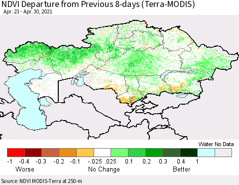 Kazakhstan NDVI Departure from Previous 8-days (Terra-MODIS) Thematic Map For 4/23/2021 - 4/30/2021