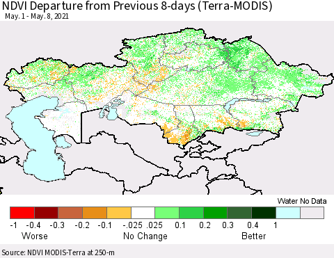 Kazakhstan NDVI Departure from Previous 8-days (Terra-MODIS) Thematic Map For 5/1/2021 - 5/8/2021