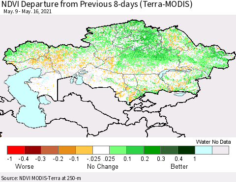 Kazakhstan NDVI Departure from Previous 8-days (Terra-MODIS) Thematic Map For 5/9/2021 - 5/16/2021