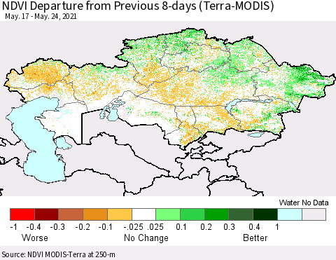 Kazakhstan NDVI Departure from Previous 8-days (Terra-MODIS) Thematic Map For 5/17/2021 - 5/24/2021