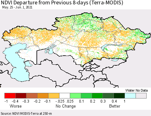 Kazakhstan NDVI Departure from Previous 8-days (Terra-MODIS) Thematic Map For 5/25/2021 - 6/1/2021