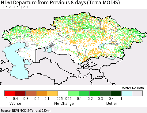 Kazakhstan NDVI Departure from Previous 8-days (Terra-MODIS) Thematic Map For 6/2/2021 - 6/9/2021