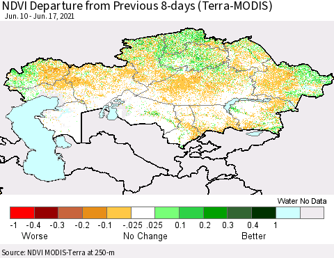 Kazakhstan NDVI Departure from Previous 8-days (Terra-MODIS) Thematic Map For 6/10/2021 - 6/17/2021