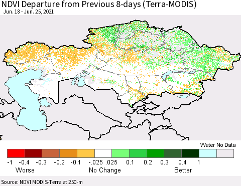 Kazakhstan NDVI Departure from Previous 8-days (Terra-MODIS) Thematic Map For 6/18/2021 - 6/25/2021