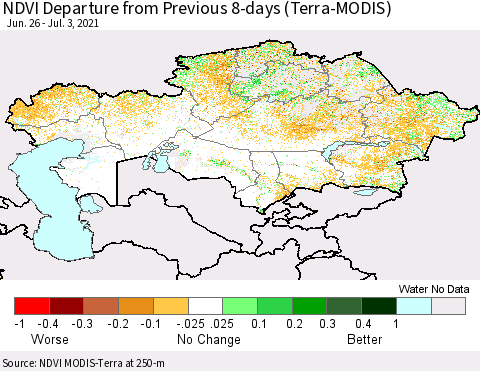 Kazakhstan NDVI Departure from Previous 8-days (Terra-MODIS) Thematic Map For 6/26/2021 - 7/3/2021