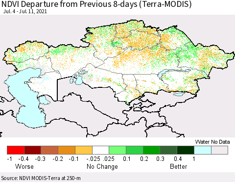 Kazakhstan NDVI Departure from Previous 8-days (Terra-MODIS) Thematic Map For 7/4/2021 - 7/11/2021