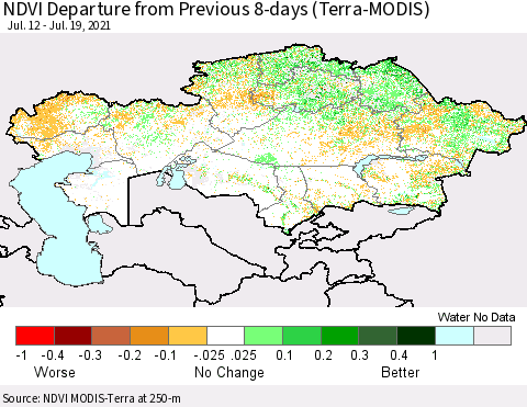 Kazakhstan NDVI Departure from Previous 8-days (Terra-MODIS) Thematic Map For 7/12/2021 - 7/19/2021