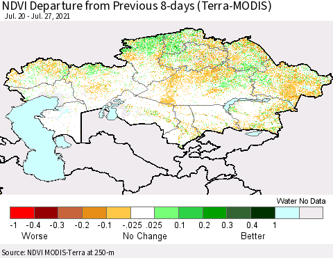 Kazakhstan NDVI Departure from Previous 8-days (Terra-MODIS) Thematic Map For 7/20/2021 - 7/27/2021