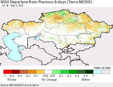 Kazakhstan NDVI Departure from Previous 8-days (Terra-MODIS) Thematic Map For 7/28/2021 - 8/4/2021
