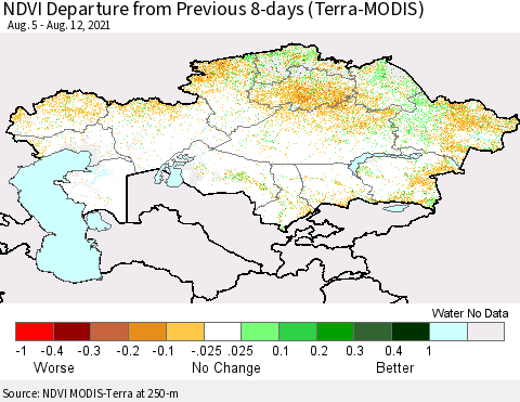 Kazakhstan NDVI Departure from Previous 8-days (Terra-MODIS) Thematic Map For 8/5/2021 - 8/12/2021