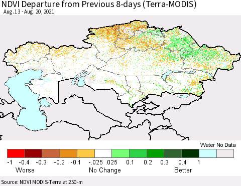 Kazakhstan NDVI Departure from Previous 8-days (Terra-MODIS) Thematic Map For 8/13/2021 - 8/20/2021