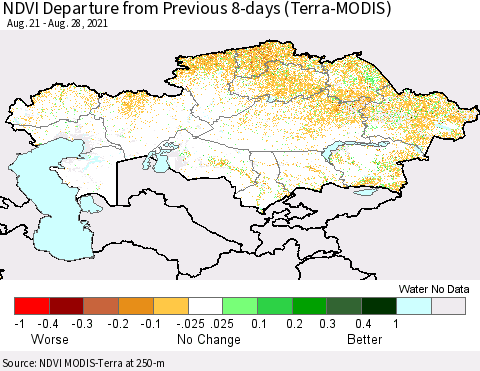 Kazakhstan NDVI Departure from Previous 8-days (Terra-MODIS) Thematic Map For 8/21/2021 - 8/28/2021
