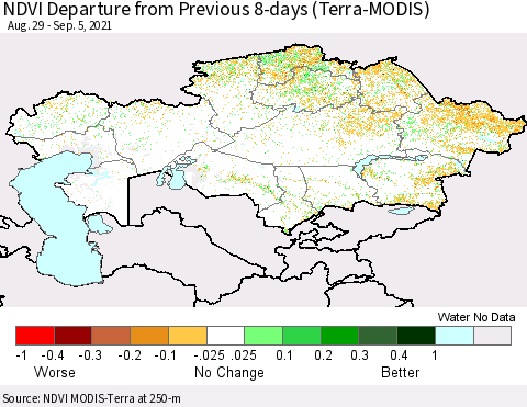 Kazakhstan NDVI Departure from Previous 8-days (Terra-MODIS) Thematic Map For 8/29/2021 - 9/5/2021