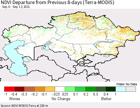 Kazakhstan NDVI Departure from Previous 8-days (Terra-MODIS) Thematic Map For 9/6/2021 - 9/13/2021
