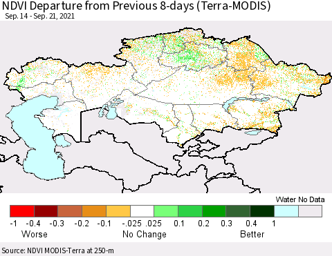 Kazakhstan NDVI Departure from Previous 8-days (Terra-MODIS) Thematic Map For 9/14/2021 - 9/21/2021