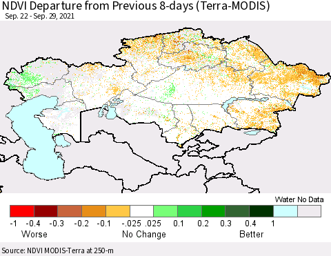 Kazakhstan NDVI Departure from Previous 8-days (Terra-MODIS) Thematic Map For 9/22/2021 - 9/29/2021