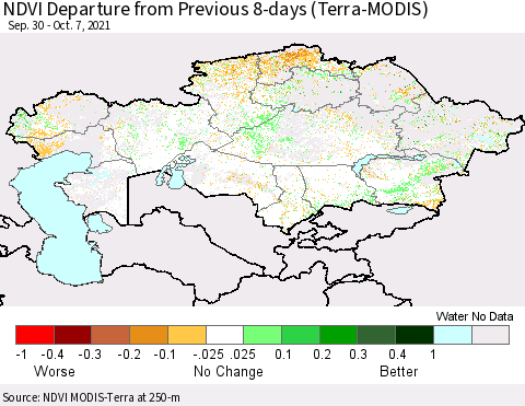 Kazakhstan NDVI Departure from Previous 8-days (Terra-MODIS) Thematic Map For 9/30/2021 - 10/7/2021
