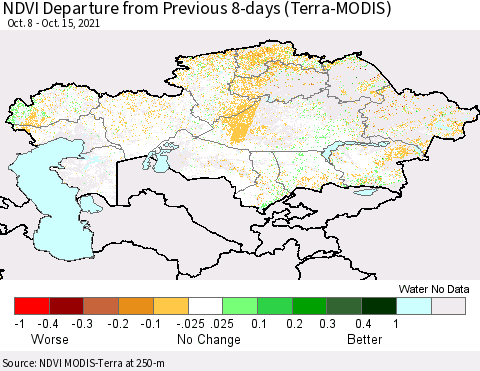 Kazakhstan NDVI Departure from Previous 8-days (Terra-MODIS) Thematic Map For 10/8/2021 - 10/15/2021