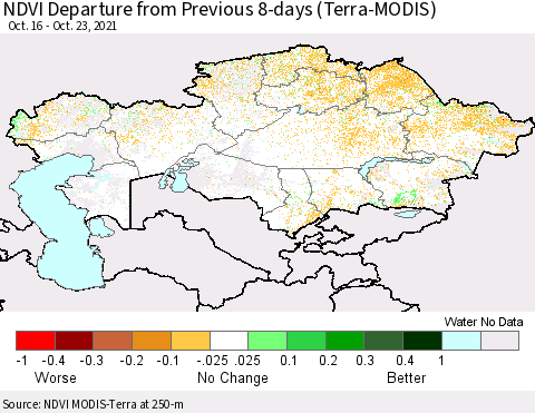 Kazakhstan NDVI Departure from Previous 8-days (Terra-MODIS) Thematic Map For 10/16/2021 - 10/23/2021