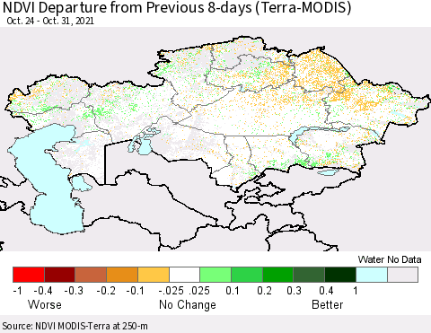 Kazakhstan NDVI Departure from Previous 8-days (Terra-MODIS) Thematic Map For 10/24/2021 - 10/31/2021