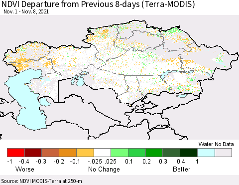 Kazakhstan NDVI Departure from Previous 8-days (Terra-MODIS) Thematic Map For 11/1/2021 - 11/8/2021